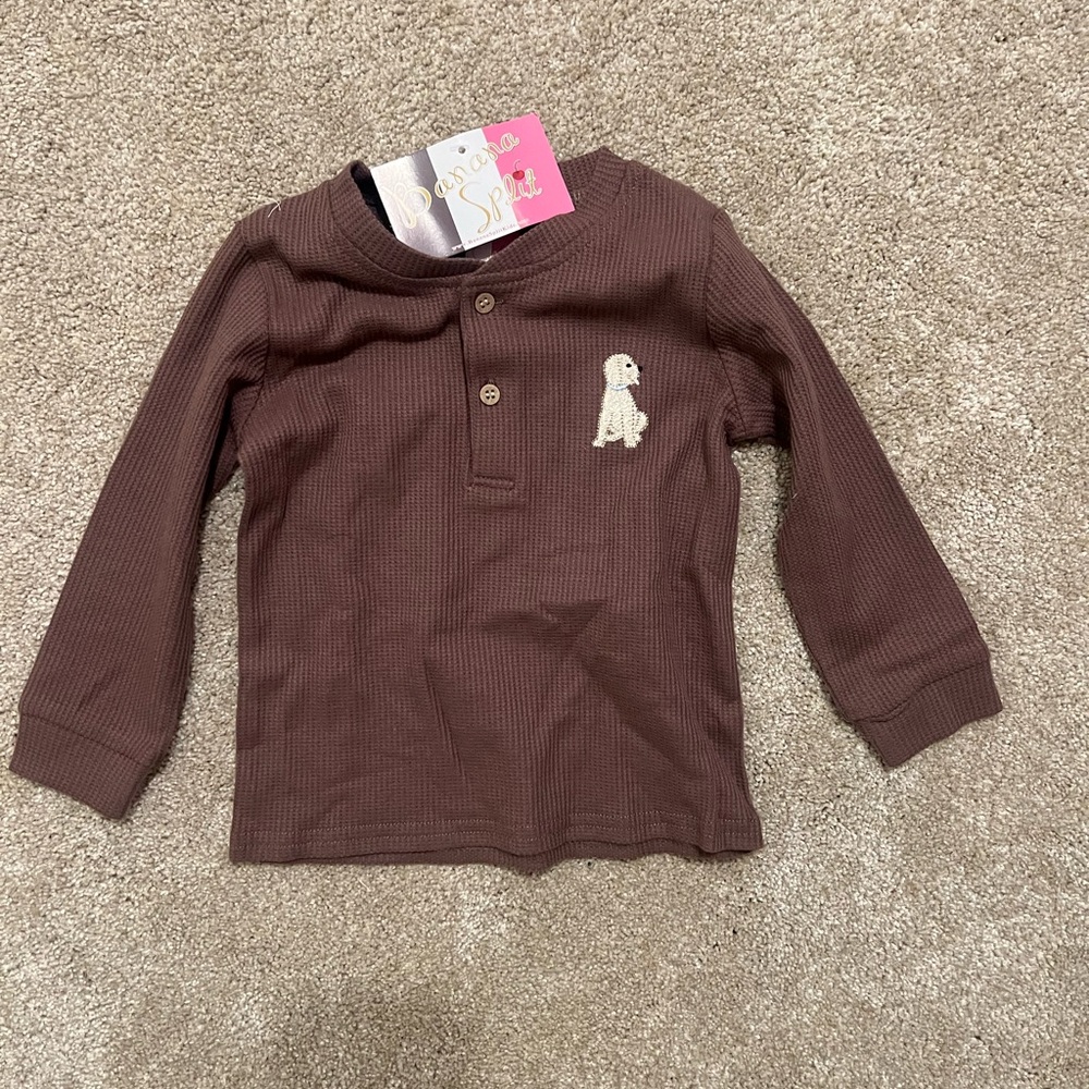NWOT Kids Unisex Long-Sleeve Waffle Henley Shirt in Brown with Dog Embroidery